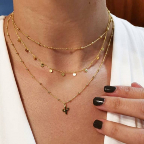 Layered Necklace Gold Cactus Pendant Necklaces Chain Sequins Choker Jewelry for Women and Girls