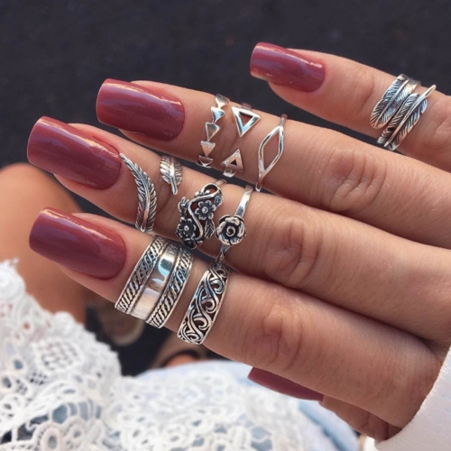 Edary Boho Ring Set Vintage Silver Flower Joint Knuckle Rings Statement Ring for Women and Girls(9PCS)