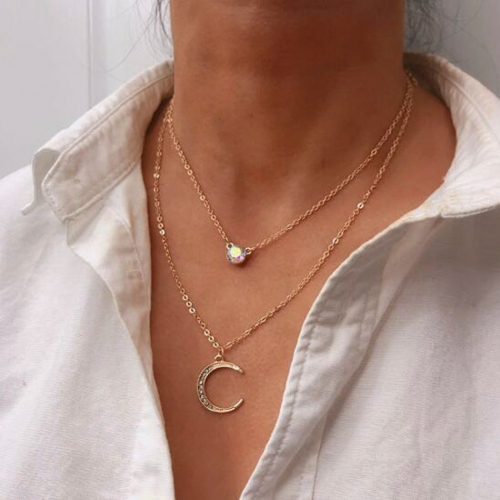 Boho Layered Crystal Necklace Gold Moon Pendent Necklaces Jewelry for Women and Girls