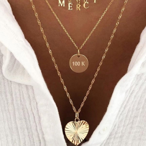 Fashion Layered Necklace Gold Coin and Heart Pendant Necklaces Letter Merci Choker Jewelry for Women and Girls