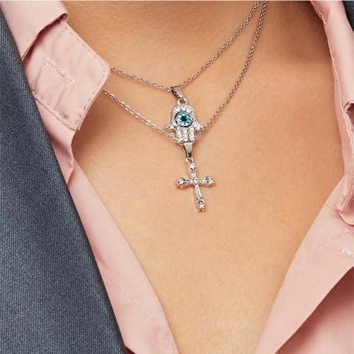 Vintage Layered Necklace Silver Evil Eyes Hamasa Hand  Pendant Necklaces Crystal Cross Chain Jewelry for Women and Girls