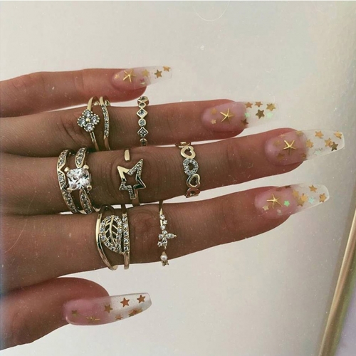 Boho Ring Set Gold Rhinestone Star Joint Knuckle Rings Mid Ring Sets for Women and Girls(9PCS)