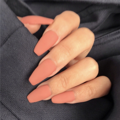 Brishow Coffin False Nails Matte Fake Nail Orange Ballerina Acrylic Artificial Press on Nails Full Cover Stick on Nails for Women(24PCs)