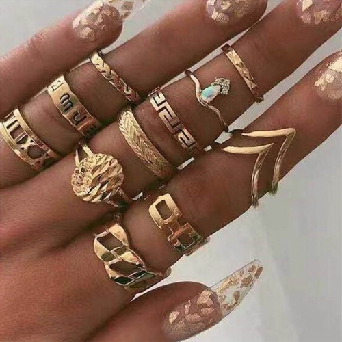 Edary Boho Finger Ring Set Gold Leaf Opal Joint Knuckle Rings Carved Ring Sets for Women and Girls(11PCS)
