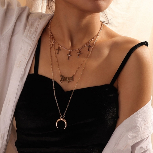 Vintage Layered Necklace Gold Moon and Letter Pendant Necklaces Cross Tassel Chain Jewelry for Women and Girls