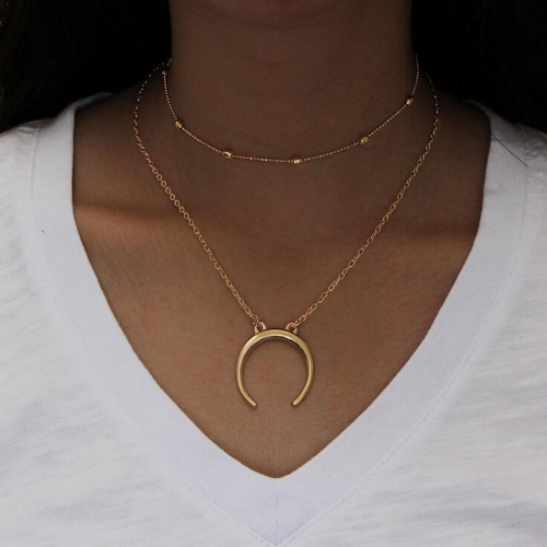 Double Layered Necklace Gold Crescent Moon Pendant Necklaces Chain Choker Jewelry for  Women and Girls