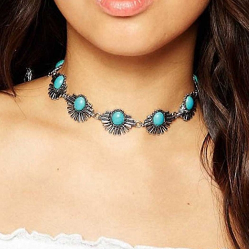 Boho Turquoise Choker Necklace Silver Beach Short Necklaces Chain Flower Jewerly for Women and Girls