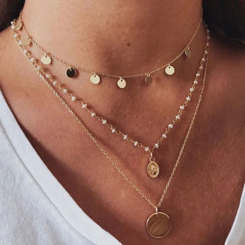 Boho Multilayer Necklaces Gold Pearl Jesus  Pendant Necklace Chain Sequines Jewerly for Women and Girls