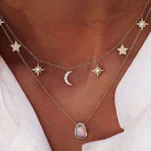 Boho Opal Pendant Necklace Gold Star Moon Layered Necklaces Chain Beach Crystal Jewerly for Women and Girls