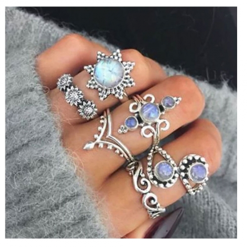 Edary Vintage Sun Ring Sets Silver  Multi Size Crystal Rhinestones Stacking Knuckle Rings Boho Mid Ring for Women and Girls (6pc)