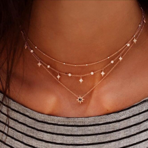 Boho Multilayer Necklaces Gold Star Crystal Pendant Necklace Chain Rhinestones Beach Jewerly for Women and Girls