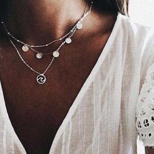 Boho Multilayer Necklaces Silver Coin Bead Pendant Necklace Chain Summer Beach Jewerly for Women and Girls