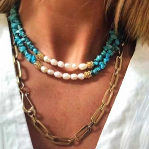 Layered Necklace Chain Gold Turquoise Necklaces Pearl Jewelry for Women and Girls