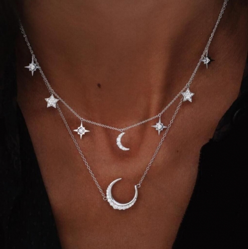 Boho Layered Necklaces Star Moon Crystal Pendant Necklace Chain Summer Beach Jewerly for Women and Girls