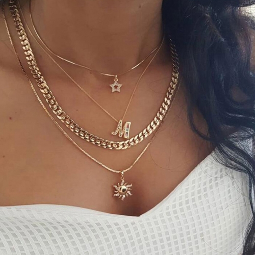 Vintage Layered Necklace Gold Crystal Star and Sun Pendant Necklaces Wide Chain with Letter M Jewelry for Women and Girls