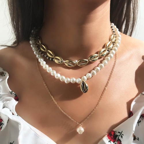 Boho Multilayer Necklaces Gold Pearl Shell Pendant Necklace Chain Summer Beach Jewerly for Women and Girls