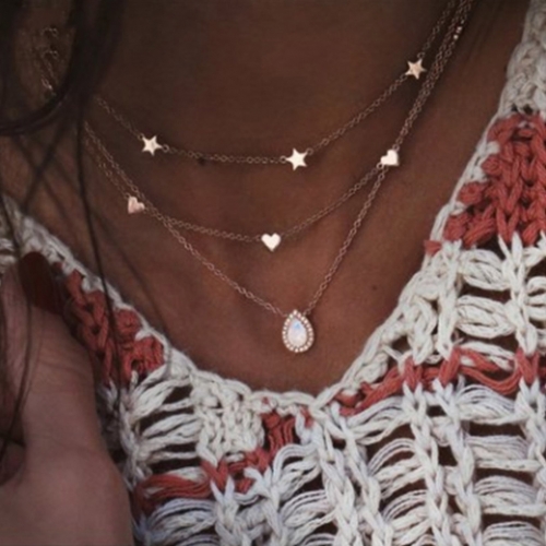 Boho Crystal Pendant Necklaces Gold Star Moon Multilayer Necklace Chain Summer Beach  Jewerly for Women and Girls