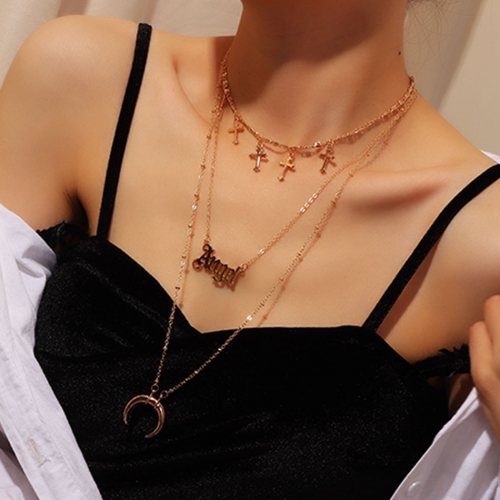 Boho Long Layered Necklaces Gold Cross Moon Pendant Necklace Chain Summer Beach Jewerly for Women and Girls