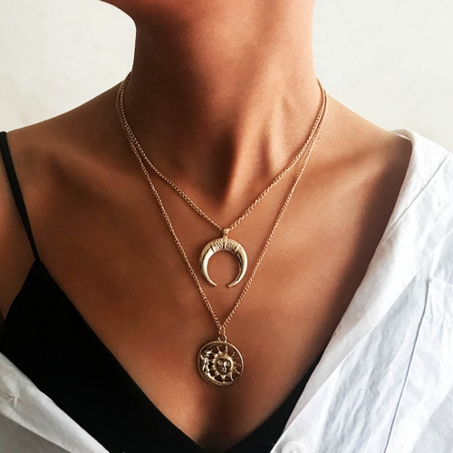 Boho Layered Necklaces Gold Moon Pendant Necklace Chain Summer Beach Jewerly for Women and Girls