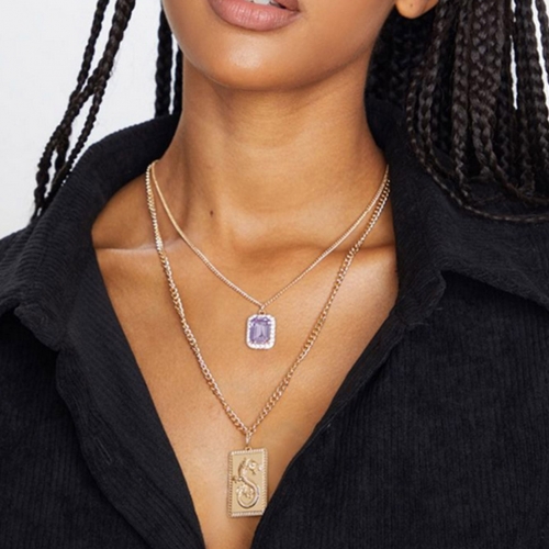 Boho Pendant Necklace Crystal  Beach Layered Necklaces Chain Square Jewerly for Women and Girls