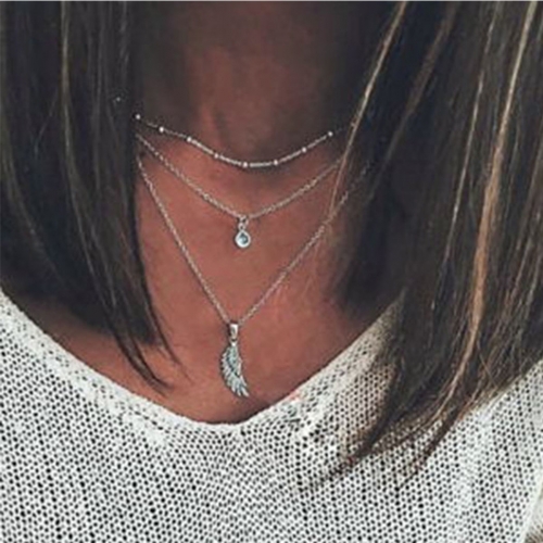 Boho Layered Crystal Necklace Silver Feather Pendant Necklaces Chain Rhinestone Choker Jewelry for Women and Girls