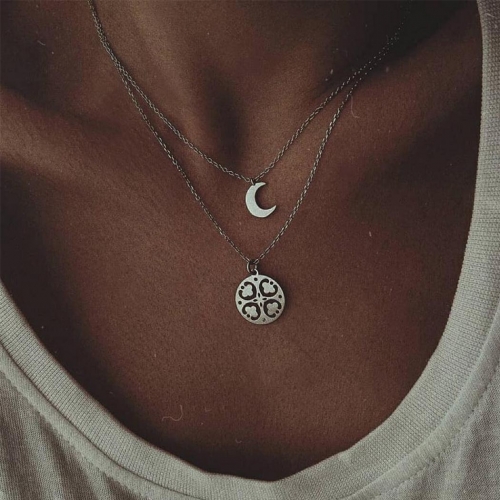 Layered Necklace Chain Silver Moon Pendent Jewlry for Women and Girls