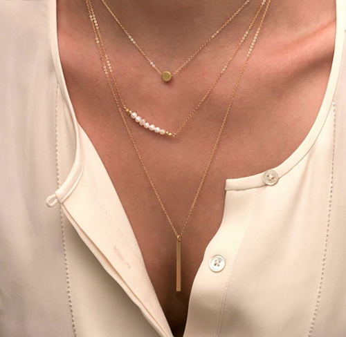 Layered Necklace Chain Gold Crystal Necklaces Bar Jewelry for Women and Girls