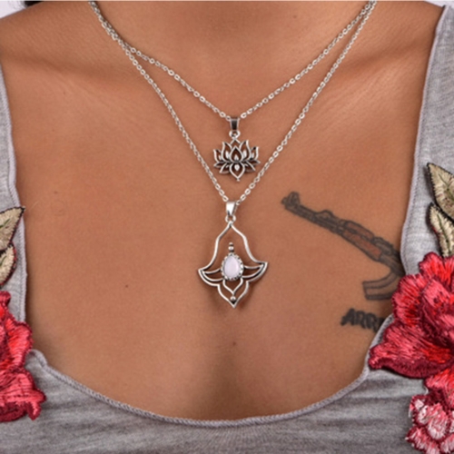 Boho Double Layered Opal Necklace Silver Flower Pendant Necklaces Chain Jewelry for Women and Girls