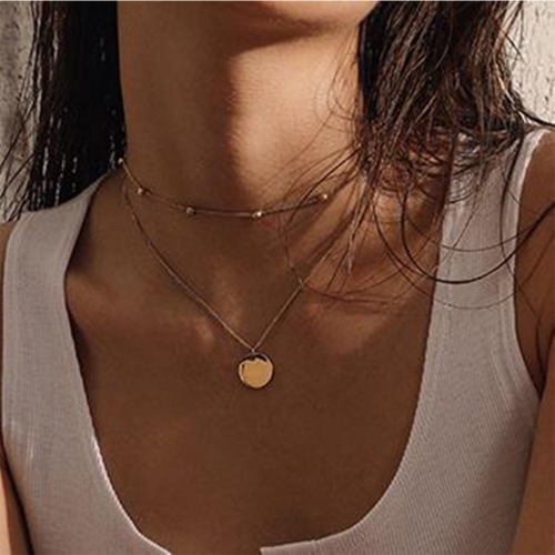 Simple Double Layered Necklace Gold Sequins Pendant Necklaces Chain Choker Jewelry for Women and Girls