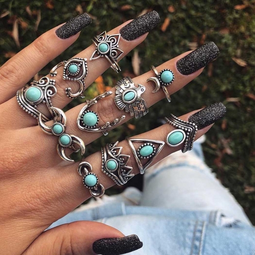Edary Boho Turquoise Ring Sets Silver Multi Size Stacking Knuckle Rings for Women and Girls(11PCS)