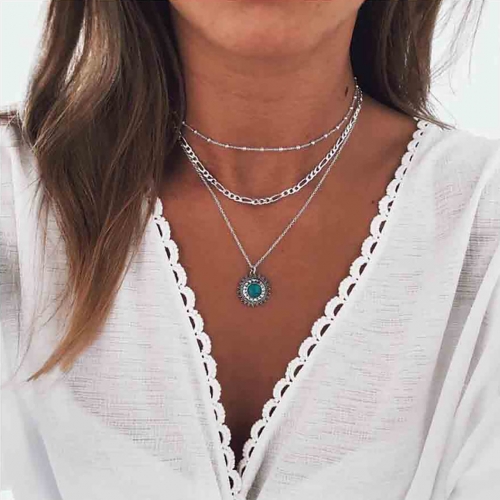 Vintage Layered Necklace Silver Turquoise Pendant Necklaces Chain Choker Jewelry for Women and Girls