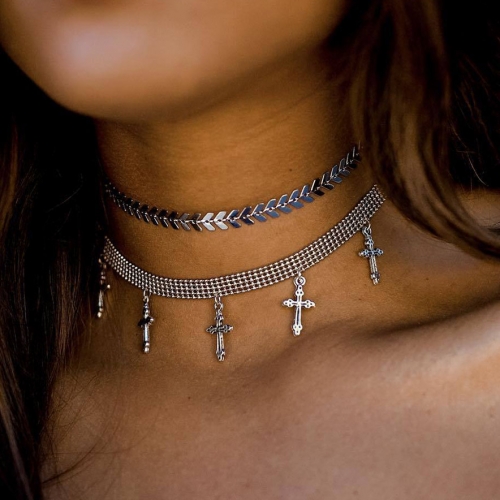 Boho Layered Cross Pendent Necklace Silver  Sequine Necklaces Chain Jewelry for Women and Girls