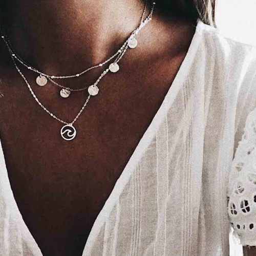 Vintage Layered Necklace Silver Ocean Wave Pendant Necklaces Chain Sequins Choker Jewelry for Women and Girls