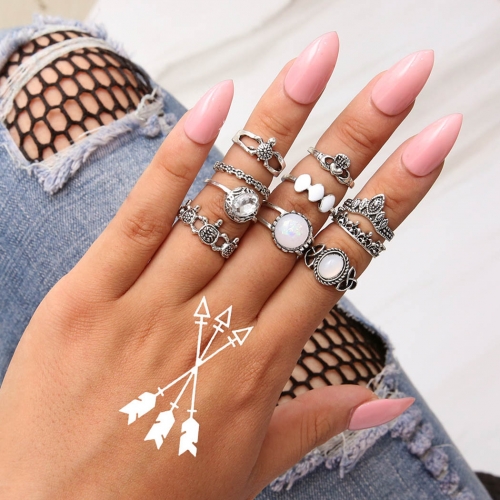 Vintage Rings Silver Joint Knuckle Ring Set Rhinestone Hand Jewelry for Women and Girls(10 PCS)