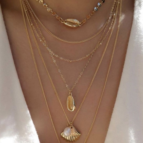 Boho Layered Seashell Pearl Pendent Necklace Gold Sequin Necklaces Chain Jewelry for Women and Girls