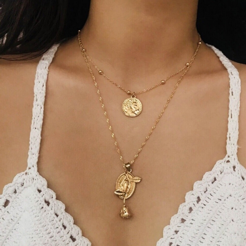 Layering Rose Necklace Chain Gold Pendent Jewelry for Women and Girls