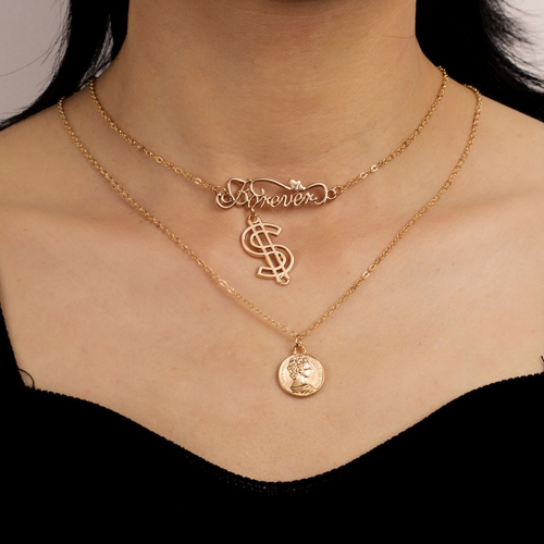 Vintage Layered Necklace Gold Human Face Head Coin Pendant Necklaces Dollar Money Sign Chains Jewelry for Women and Girls