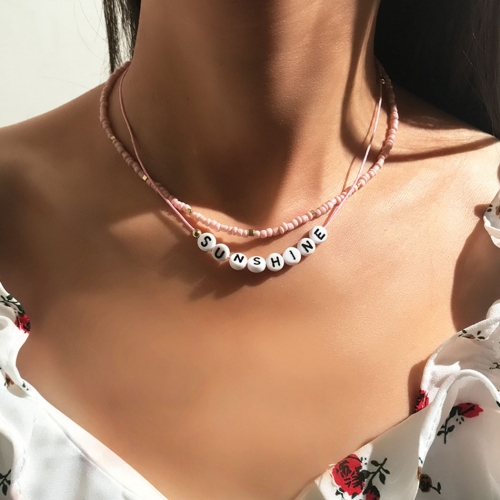 Fashion Layered Necklace Beaded Clavicle Chains Simple Letter  Necklaces Jewelry for Women and Girls