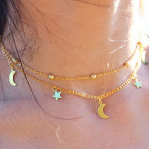 Simple Layered Necklaces Moon Pendants Star Necklace Adjustable Chain Beach Jewelry for Women and Girls(Gold)