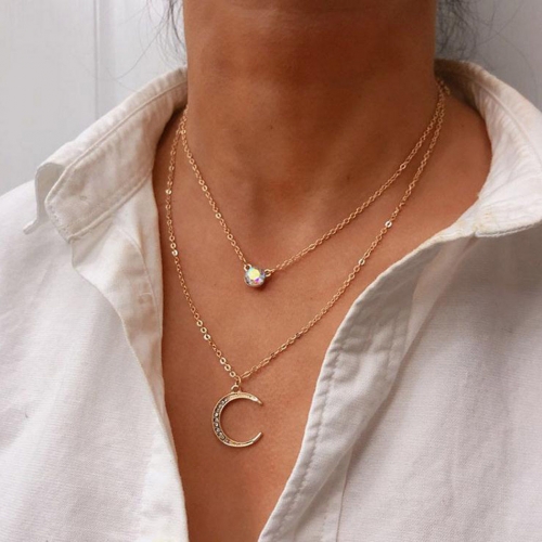 Fashion Layered Necklace Gold Crystal and Moon Pendant Necklaces Simple Layering Jewelry for Women and Girls