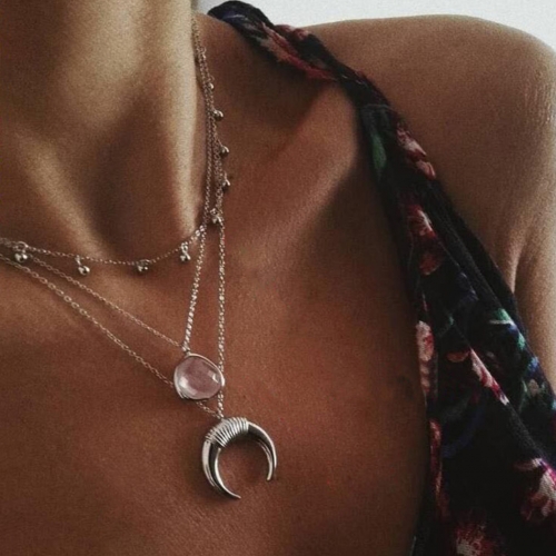 Boho Layered Necklace Silver Crescent Moon Pendant Necklaces Chain Gemstone Choker Jewelry for Women and Girls