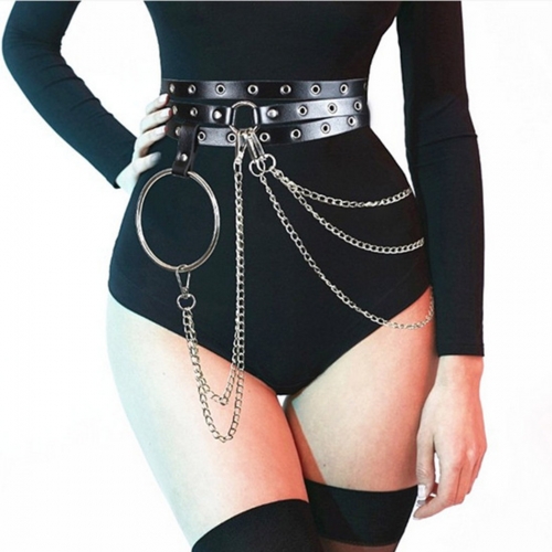 Victray Leather Waist Chain Belt Punk Chain Belts Black Body Chain Festival Jewelry Belts for Women and Girls