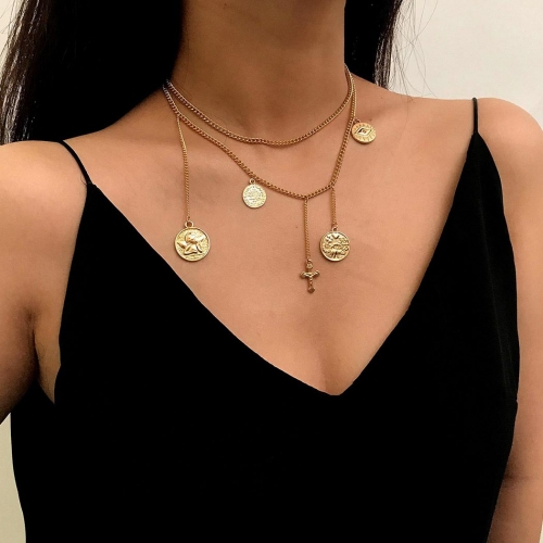 Boho Double Layered Coin Necklace Gold Cross Pendant Necklaces Chain Choker Jewelry for Women and Girls