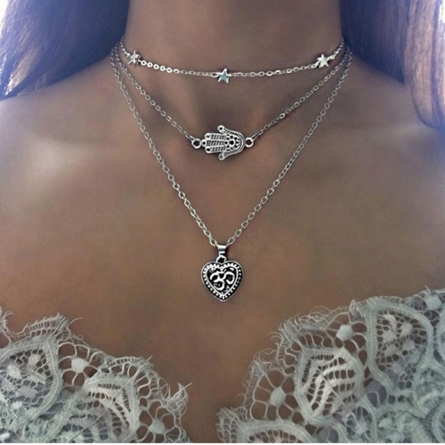 Boho Layered Lover  Pendent Necklace Choker Silver Chain Star  Necklaces Jewelry for Women and Girls