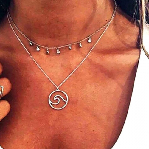 Vintage Double Layered Necklace Silver Ocean Wave Pendant Necklaces Chain Round Circle Choker Jewelry for Women and Girls