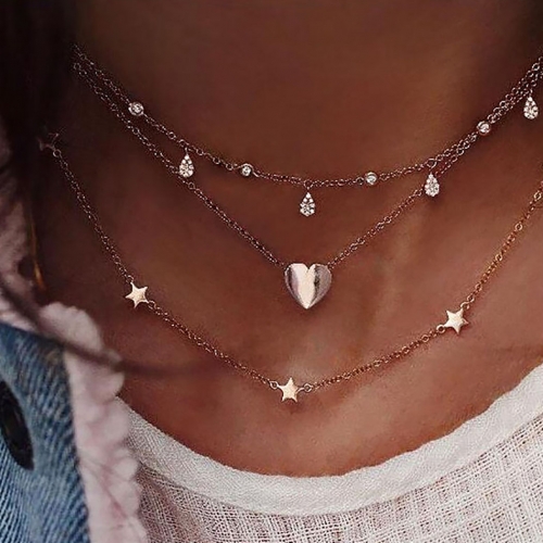 Boho Layered Necklace Gold Love Heart Pendant Necklaces Chain Star Choker Jewelry for Women and Girls