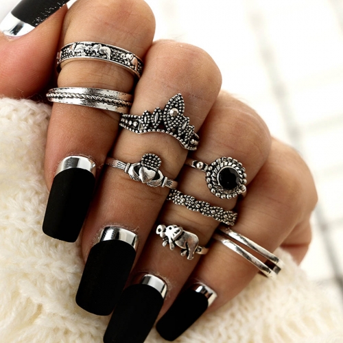 Vintage Crystal Stacking Knuckle Ring Sets Silver Elephant Multi Size Rings Jewelry Mid Ring for Women and Girls（8PCS)
