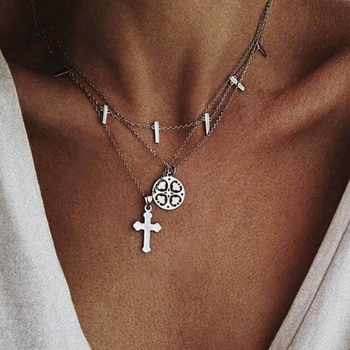 Layered Necklace Silver Cross Pendant Necklaces Chain Clover Choker Jewelry for Women and Girls