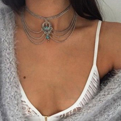 Vintage Layered Turquoise Pendent Necklace Choker Silver Necklaces Chain Jewelry for Women and Girls