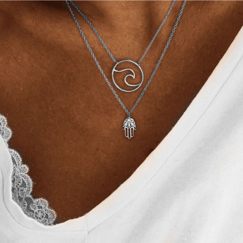 Boho Double Layered Necklace Silver Wave Pendant Necklaces Chain Jewelry for Women and Girls